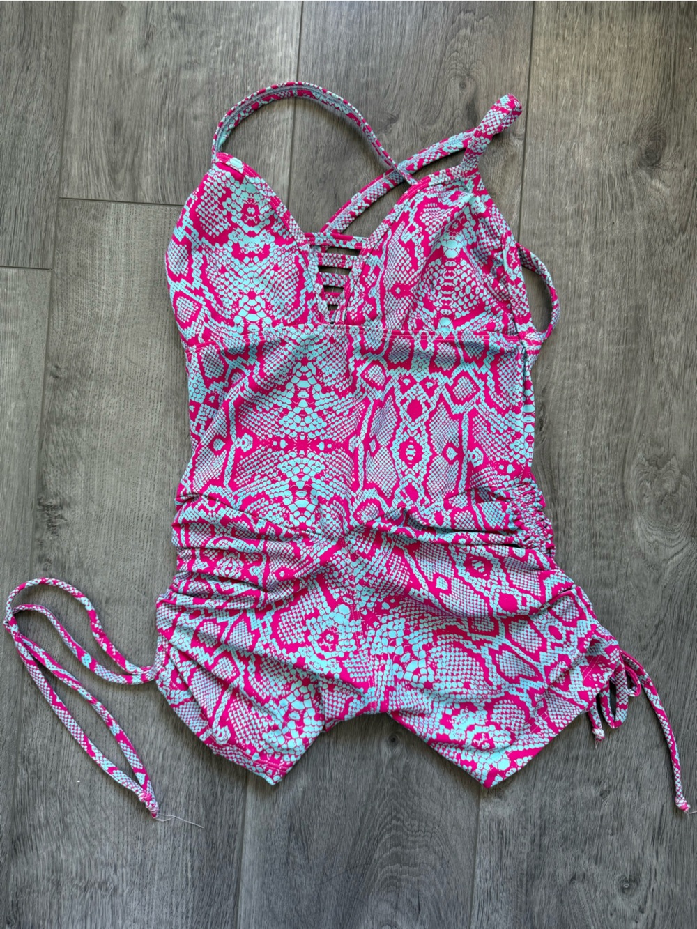 Pink & Aqua Snake Print Ruched Brazilian Jumpsuit